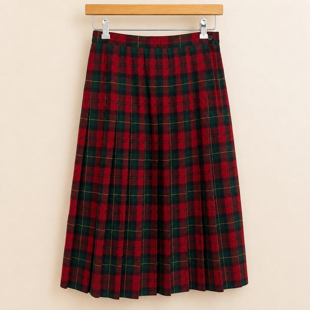 Koret Vintage Red Green Plaid Wool Blend Pleated Midi Skirt Size 8 Christmas